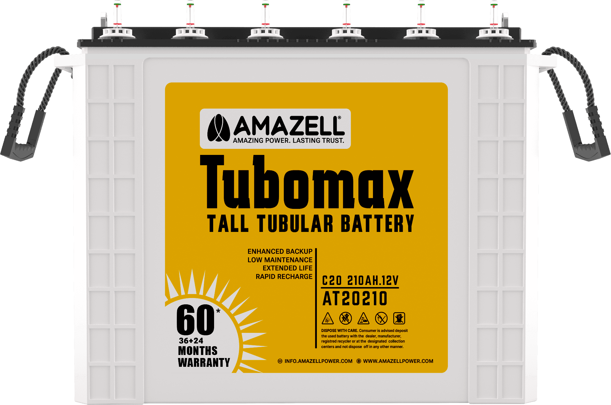 Front view of Amazell Tubomax tall tubular battery, labelled 210 Ah C20
